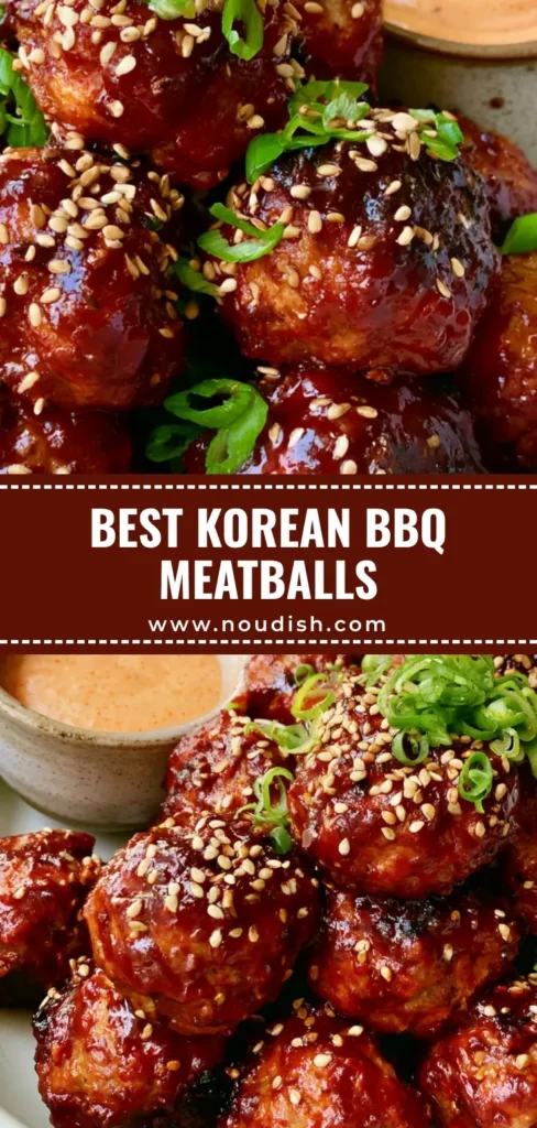 A shallow white ceramic bowl filled with glossy Korean BBQ Meatballs topped with sesame seeds and scallions, served with a side of sriracha mayo.