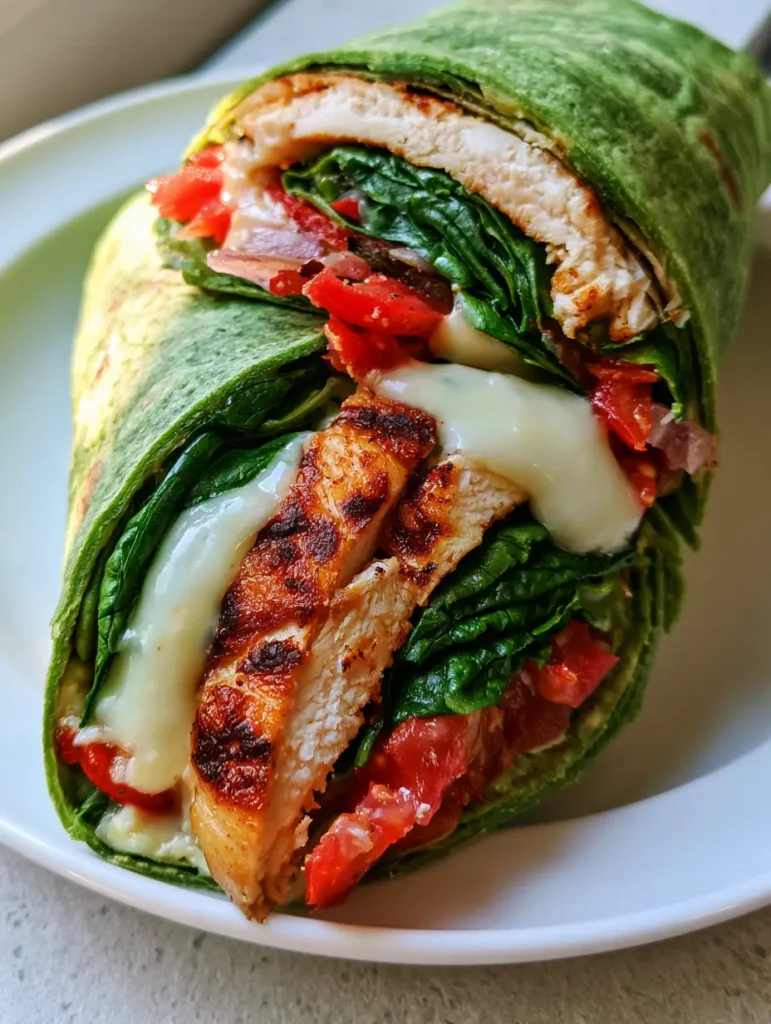 Spinach Chicken Wrap with Creamy Garlic Sauce and Monterey Jack 2 Close up view of the seared chicken strips and melted Monterey Jack inside a Spinach Chicken Wrap.