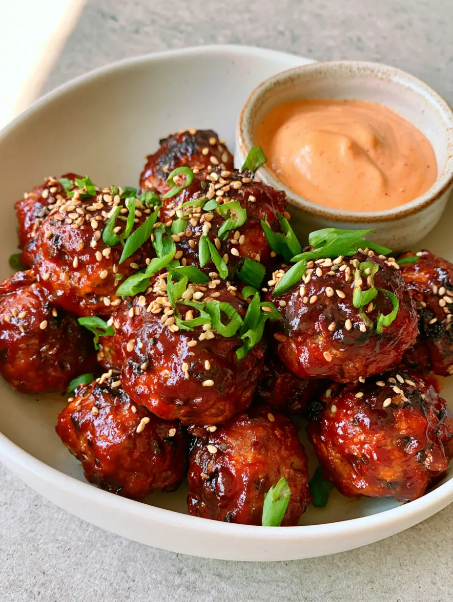 Close-up of seared Korean BBQ Meatballs showing the realistic texture and glossy dark red glaze.