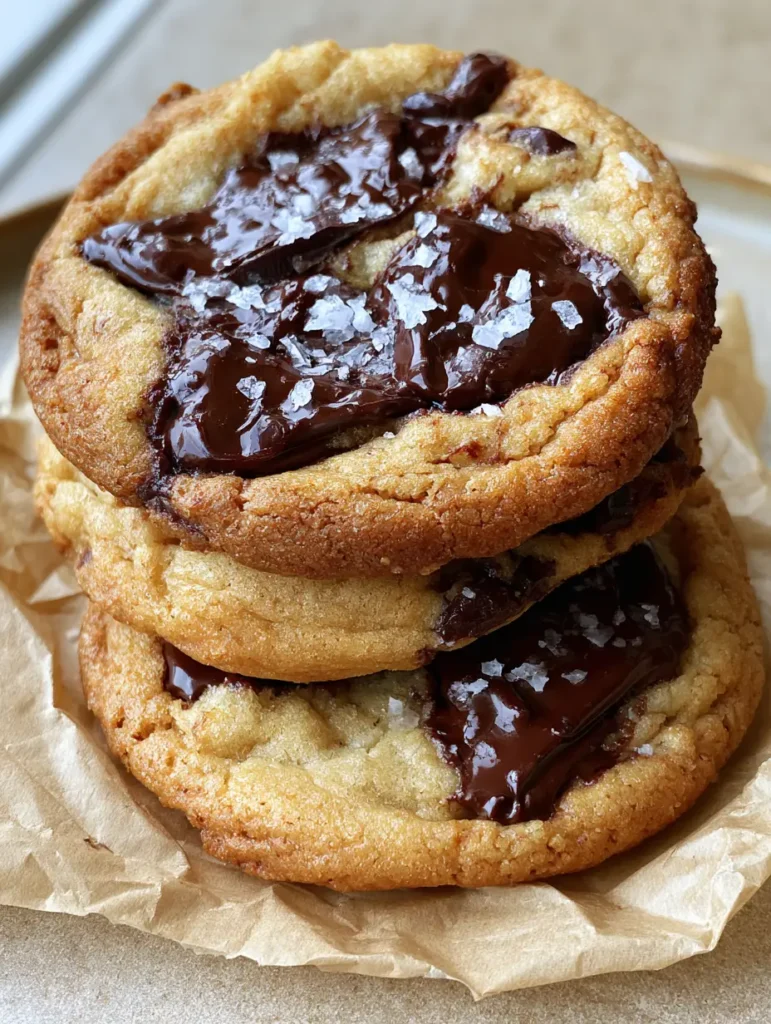 Brown Butter Chocolate Chip Cookies with Rippled Edges 1 Detailed shot of dark chocolate chunks melting into brown butter cookie dough with sea salt garnish.