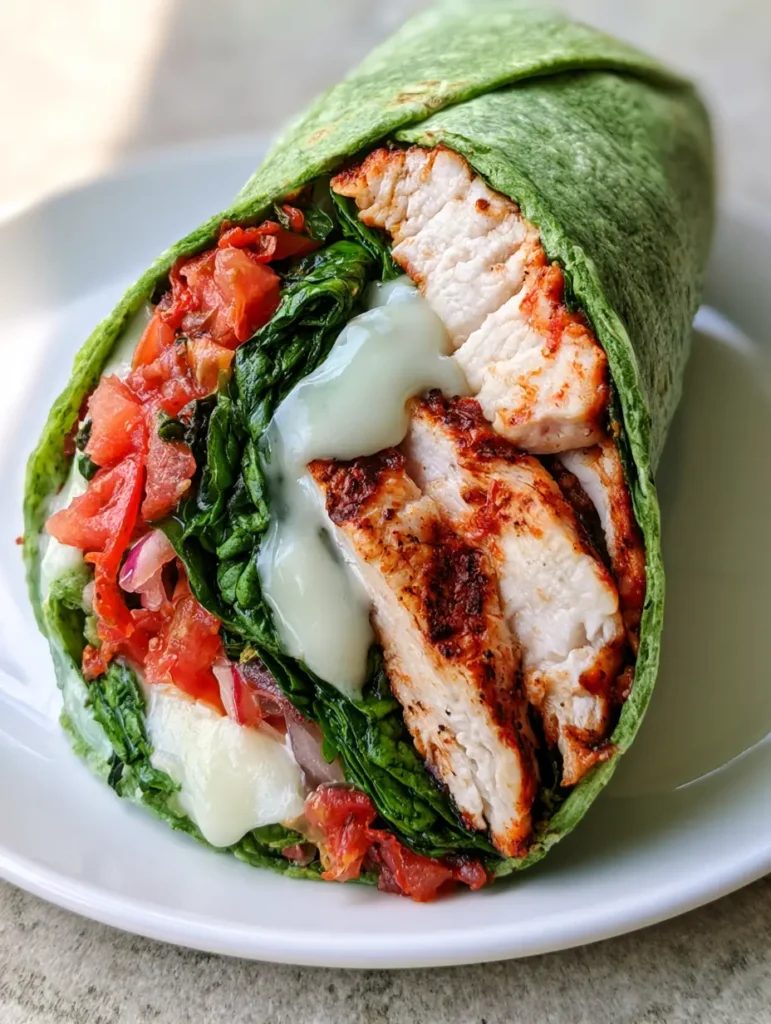 Spinach Chicken Wrap with Creamy Garlic Sauce and Monterey Jack 1 A finished Spinach Chicken Wrap sliced diagonally on a white plate.