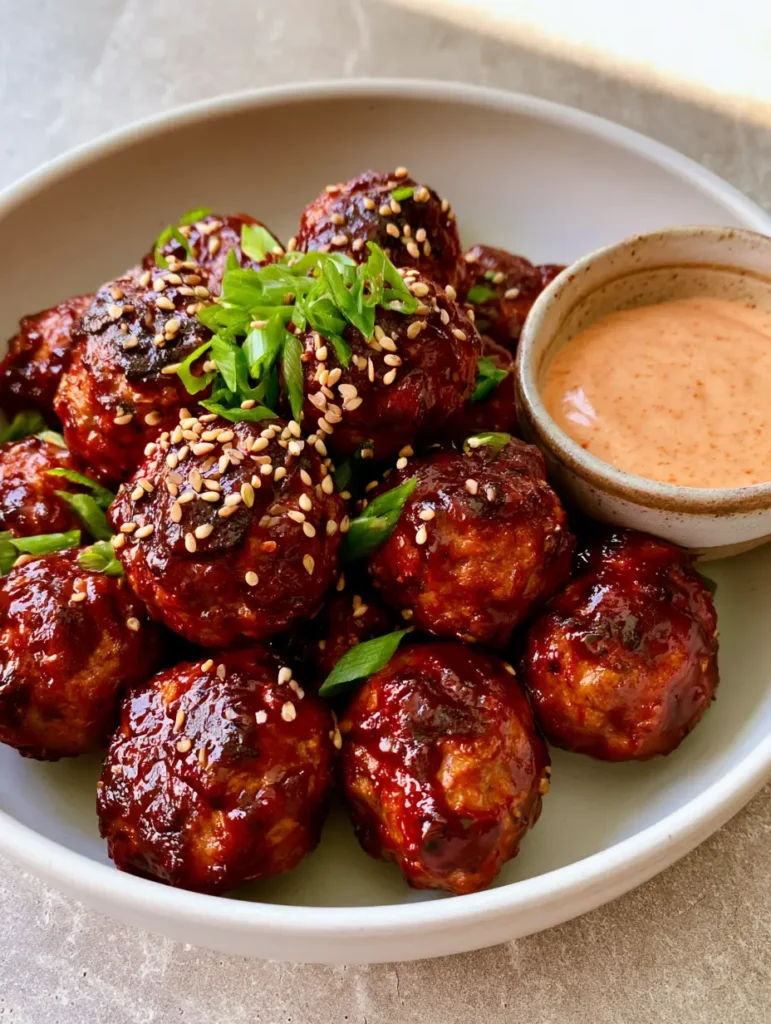 Korean BBQ Meatballs in a white bowl garnished with scallions and sesame seeds, shot in natural daylight.