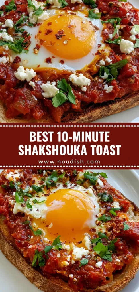 A single slice of thick toasted sourdough topped with chunky red pepper sauce, a sunny-side-up egg with runny yolk, feta, and cilantro. (Shakshouka Toast)