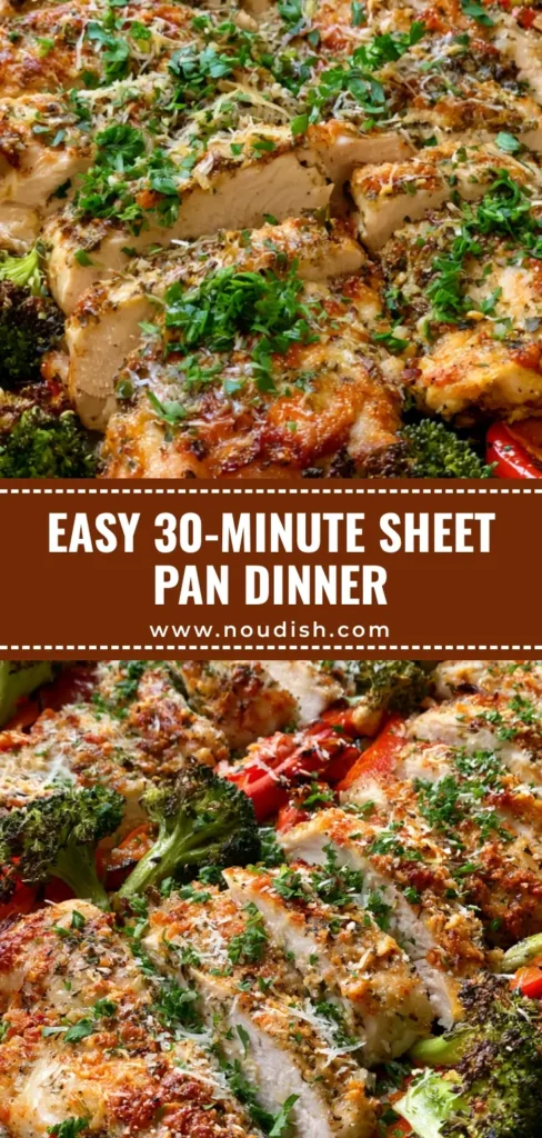 A top-down view of a Parmesan Chicken Sheet Pan Dinner featuring golden-brown crusted chicken, charred broccoli, and red peppers on a dark metal tray.