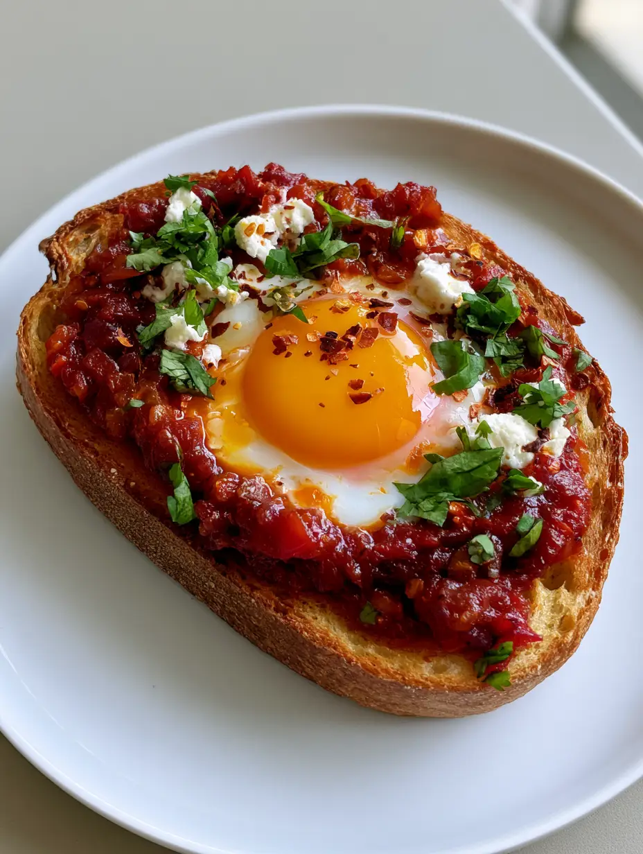 Close-up of Shakshouka Toast on a white plate showing the vibrant orange-yellow runny yolk and crumbled feta cheese. (Shakshouka Toast)