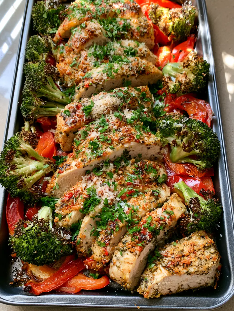 Smartphone photo of a Parmesan Chicken Sheet Pan Dinner with crispy chicken breast and roasted vegetables under natural light.