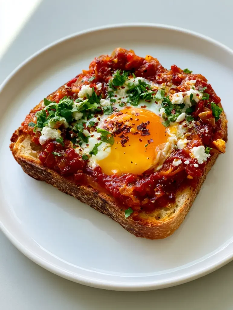 A slice of Shakshouka Toast garnished with fresh green cilantro and red chili flakes on thick golden-brown sourdough.