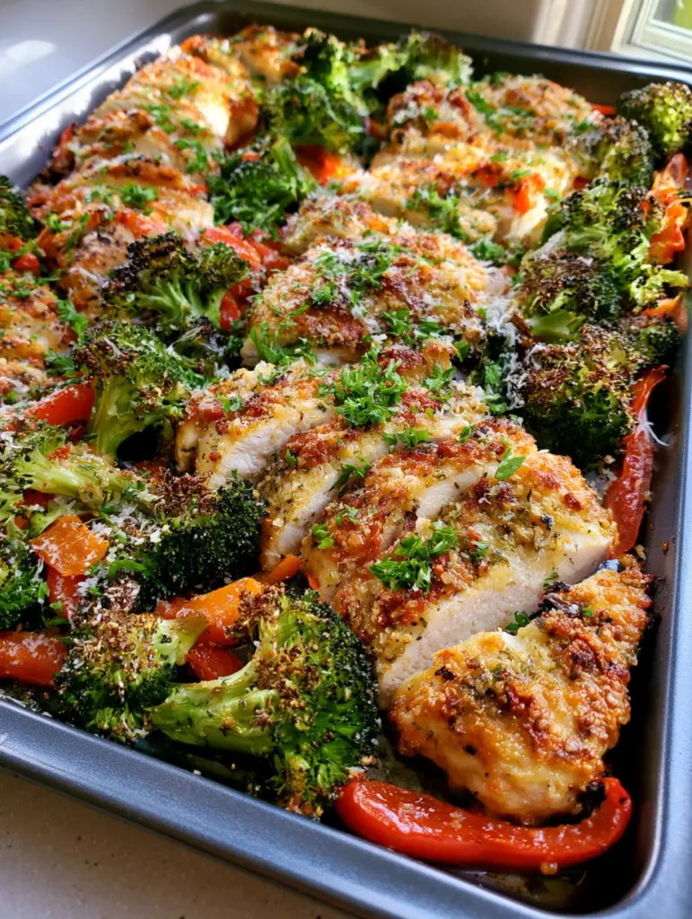 Close up of roasted red peppers and parmesan-crusted chicken on a dark baking sheet.