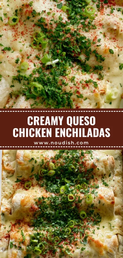 Queso Chicken Enchiladas with Creamy White Sauce 4 A top-down view of six tightly rolled Queso Chicken Enchiladas in a white ceramic dish, covered in melted Monterey Jack cheese with browned bubbles, cilantro, and scallions.