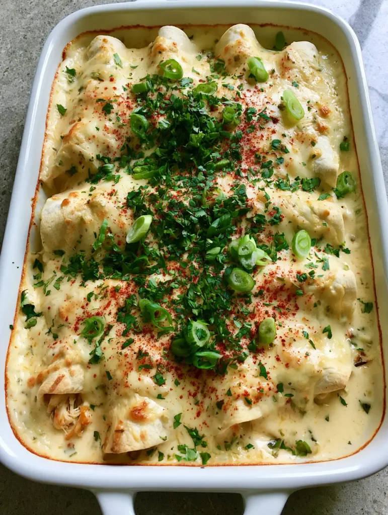 Queso Chicken Enchiladas with Creamy White Sauce 2 Close-up of Queso Chicken Enchiladas submerged in thick white sauce with melted cheese and red chili powder dusting.