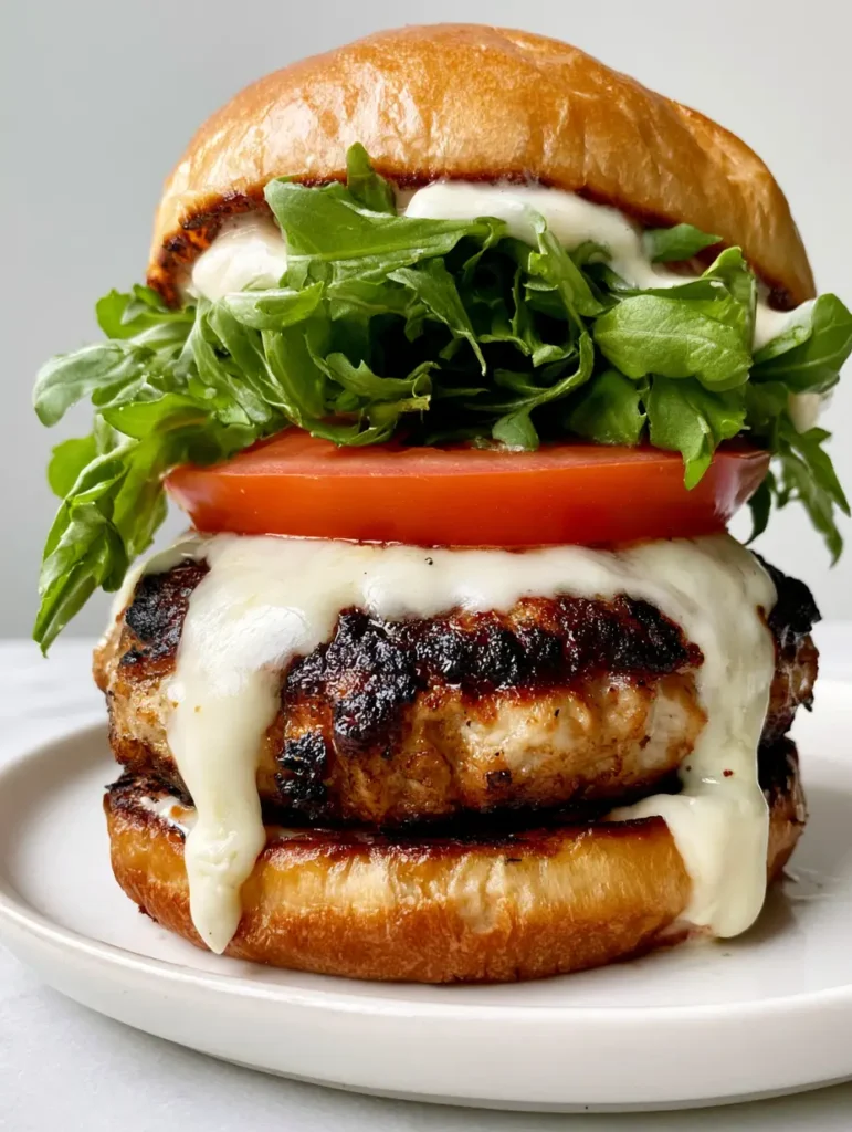 Juicy Turkey Burger Recipe: The Secret to a Gourmet Seared Crust 2 Gourmet turkey burger with cascading white cheese and vibrant red tomato. (Juicy Turkey Burger Recipe)