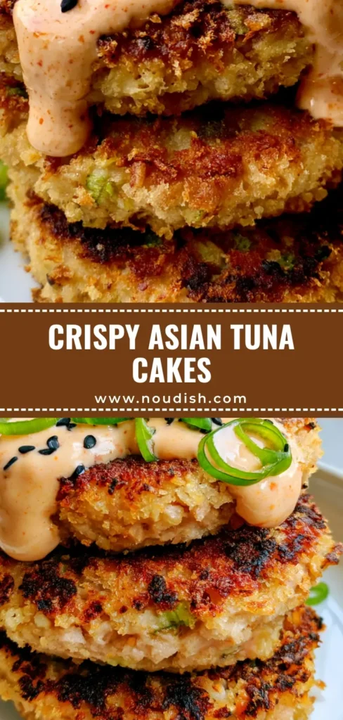 A vertical stack of three Asian Tuna Cakes with a golden-brown panko crust and sriracha mayo drizzle.