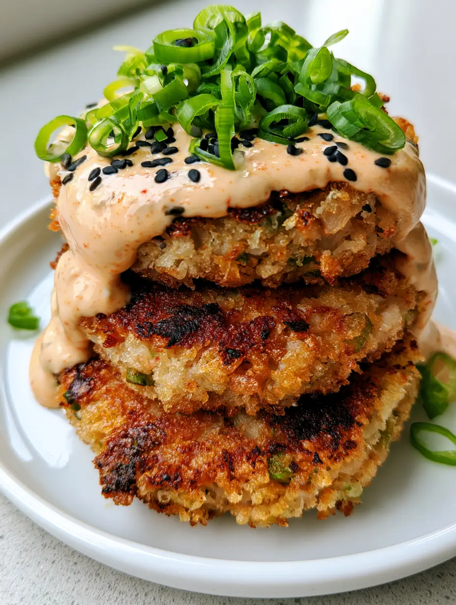 Close up photo of Asian Tuna Cakes featuring dark golden-brown seared patches and green onion garnish.