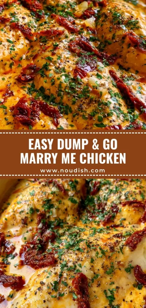 A top-down view of Crockpot Marry Me Chicken in a white ceramic slow cooker, featuring golden chicken breasts in a creamy orange-tinted sauce with sun-dried tomatoes and parsley.