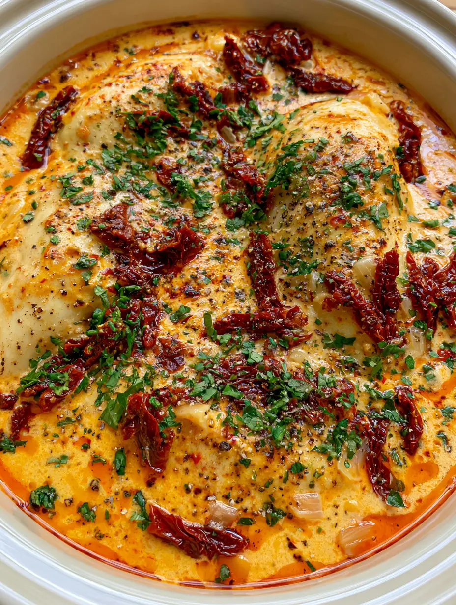 Close-up of creamy Crockpot Marry Me Chicken showing the velvety texture of the sauce and golden-brown chicken edges.