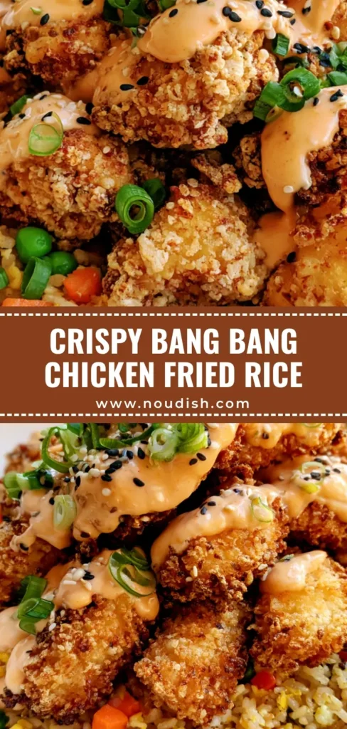 Bang Bang Chicken Fried Rice: Crispy, Creamy, and Better Than Takeout 4 A tall bowl of Bang Bang Chicken Fried Rice featuring crispy breaded chicken drizzled with creamy orange sauce over golden fried rice with peas and carrots.
