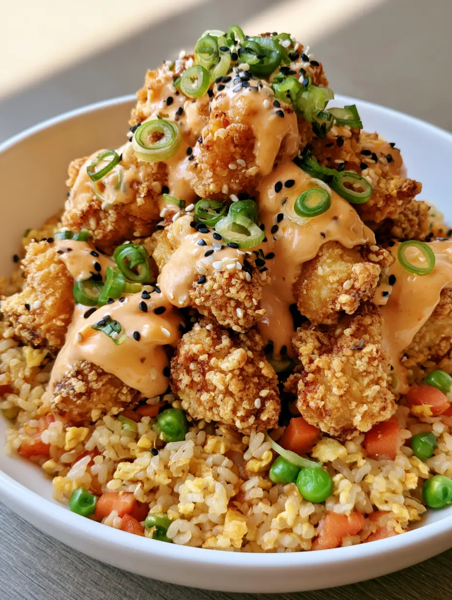 Bang Bang Chicken Fried Rice: Crispy, Creamy, and Better Than Takeout 3 Close-up of golden fried rice mixed with scrambled egg and peas, topped with crispy chicken and bang bang sauce in a white ceramic bowl. (Bang Bang Chicken Fried Rice)