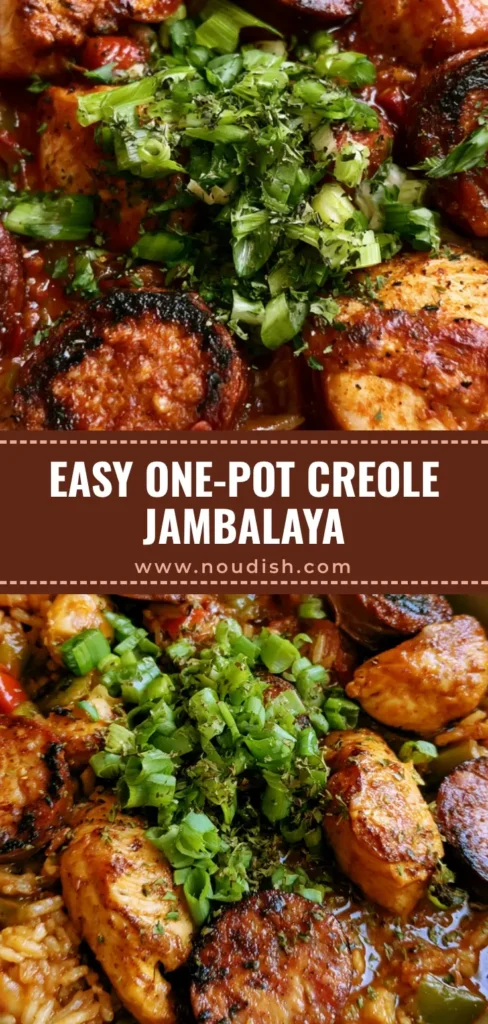 Chicken and Sausage Jambalaya: The Ultimate One-Pot Creole Comfort Classic 4 A close-up vertical shot of Chicken and Sausage Jambalaya in a ceramic bowl, garnished with green onions and parsley flakes.