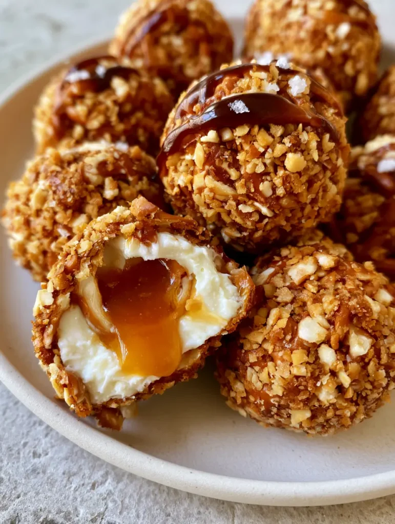 Close-up of Salted Caramel Pretzel Cheesecake Bites on a neutral plate, showcasing the thick pretzel coating and amber caramel center.
