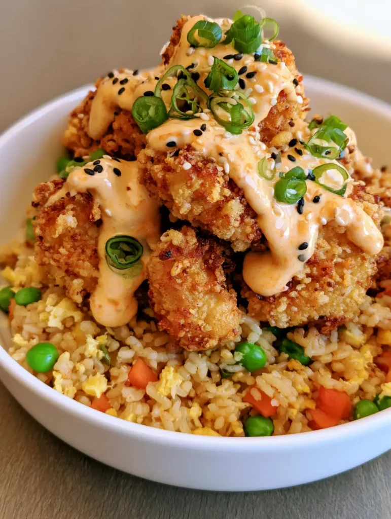 Bang Bang Chicken Fried Rice: Crispy, Creamy, and Better Than Takeout 1 High-angle shot of Bang Bang Chicken Fried Rice on a wooden surface, showing the crispy texture of the chicken and the creamy sauce drizzle.