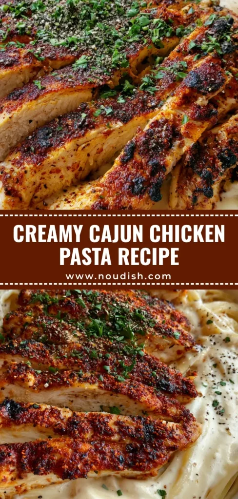 A high-angle shot of Cajun Chicken Pasta featuring linguine in ivory garlic mozzarella sauce topped with dark crimson seared chicken strips and fresh parsley.