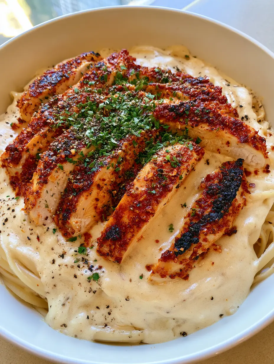 Close-up of Cajun Chicken Pasta in a white bowl showing the blackened edges of the chicken and the creamy ivory sauce.