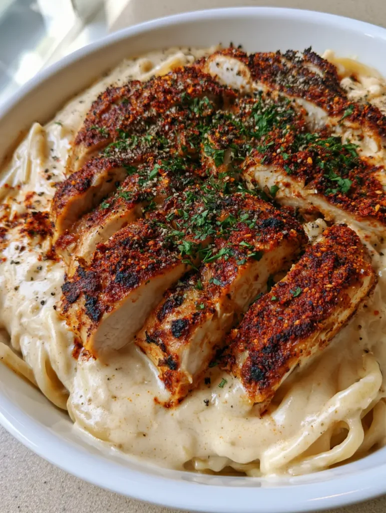 High-angle view of a bowl of Cajun Chicken Pasta with linguine noodles and garlic mozzarella sauce.
