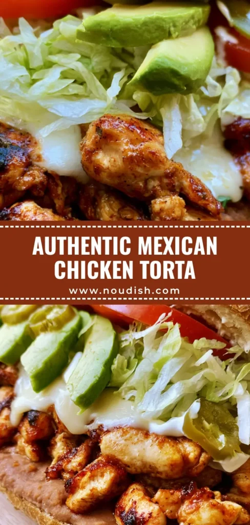A close-up vertical shot of a Chicken Torta Recipe showing layers of melted Oaxaca cheese, charred chicken, and fresh avocado. (Chicken Torta Recipe)