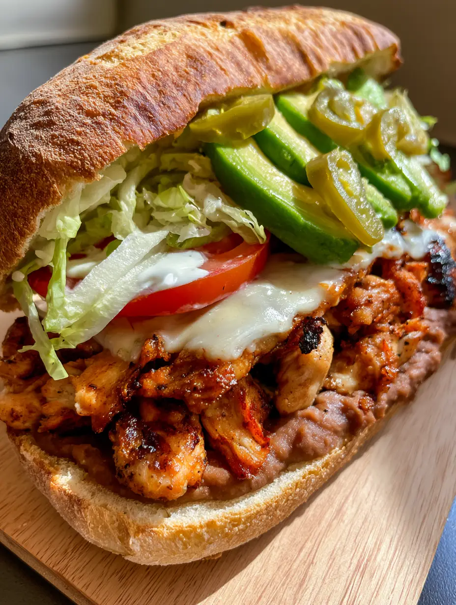 Smartphone photo of a Mexican Chicken Torta sandwich with melted cheese and fresh garnishes. (Chicken Torta Recipe)