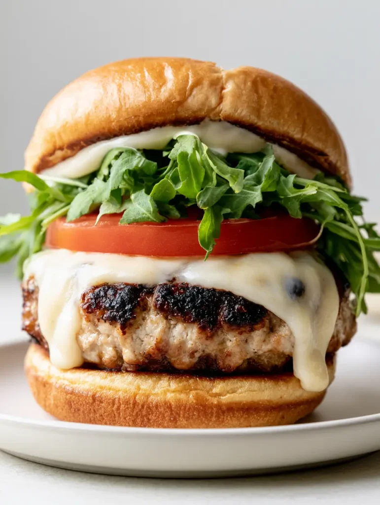 Juicy Turkey Burger Recipe: The Secret to a Gourmet Seared Crust 1 Close up of a turkey burger showing the textures of fresh arugula and creamy white sauce.