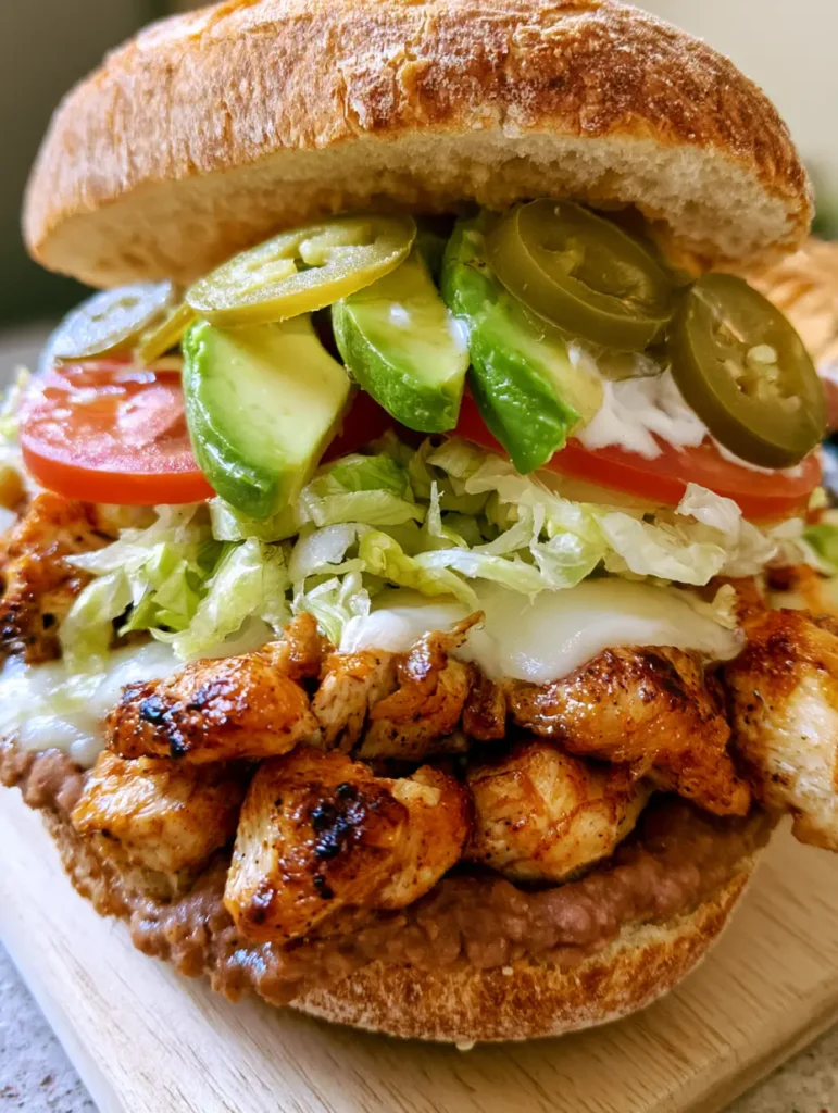 Handheld photo of a toasted telera roll filled with grilled chicken, refried beans, and white Mexican crema.