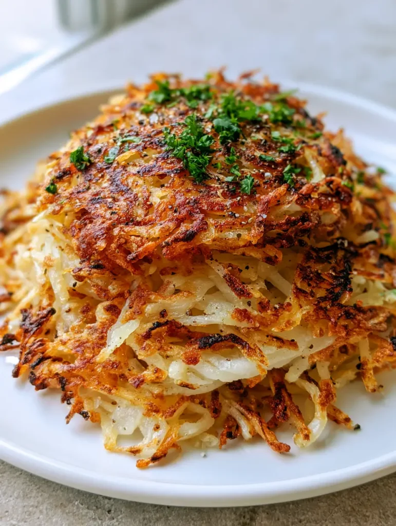 A mound of pan-fried Shredded Hashbrowns seasoned with black pepper and parsley on a neutral stone surface.