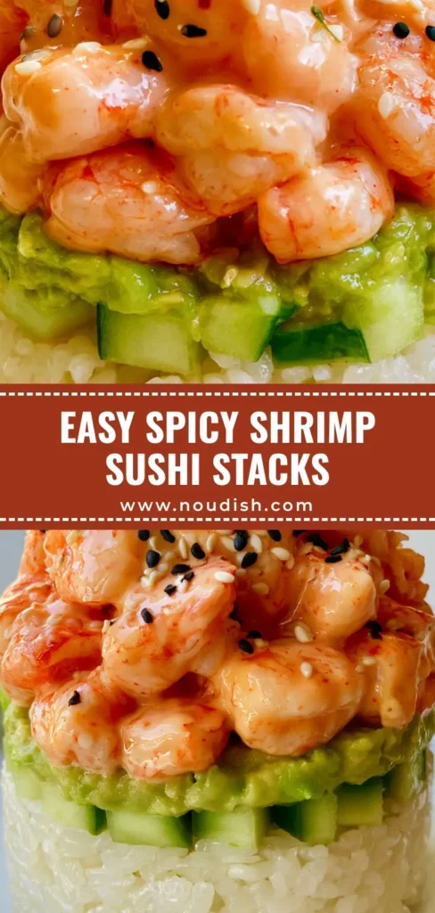 A towering Spicy Shrimp Sushi Stack with layers of white rice, green avocado, and shrimp coated in spicy mayo on a white plate.