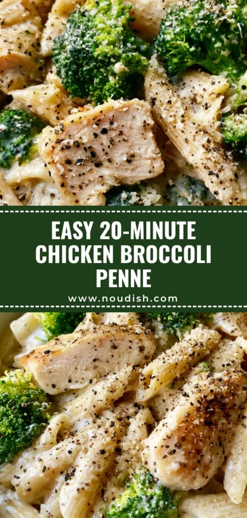 A shallow white bowl of Chicken Broccoli Penne featuring glossy white cream sauce, seared chicken, and vibrant broccoli with cracked black pepper.