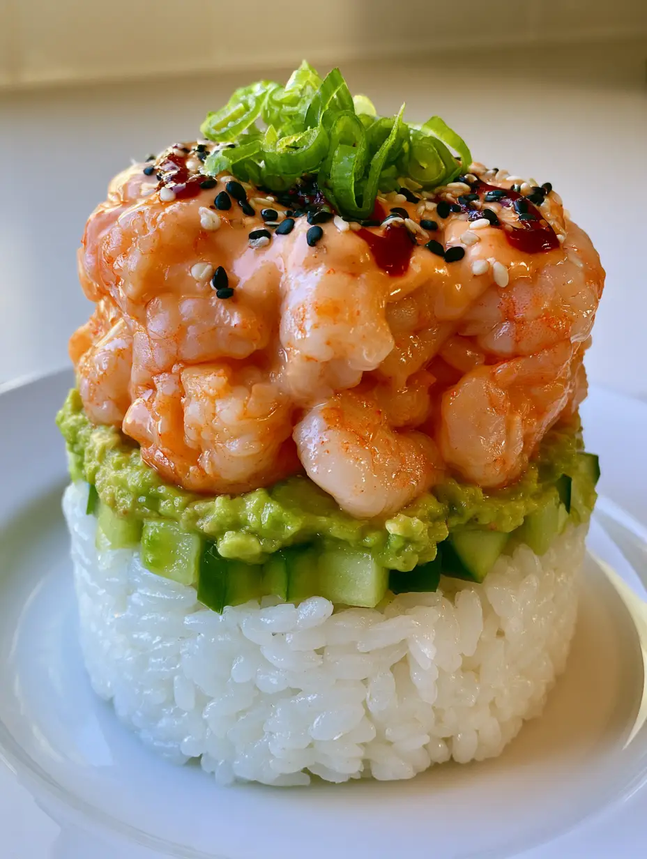 A close-up handheld photo of a Spicy Shrimp Sushi Stack showing the glossy white rice and vibrant avocado layers.