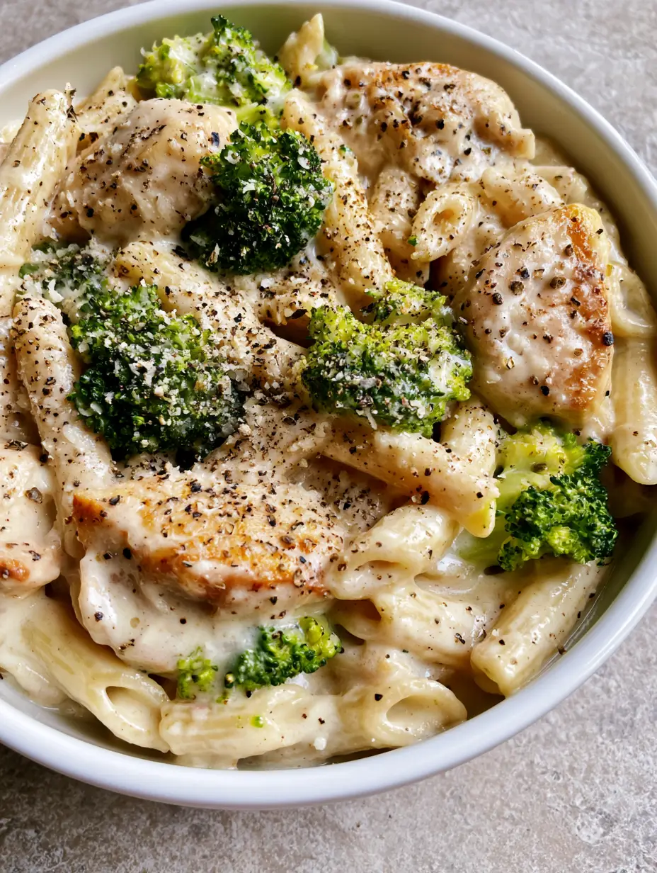Top-down view of Chicken Broccoli Penne with golden chicken chunks and thick ivory sauce in a white bowl.
