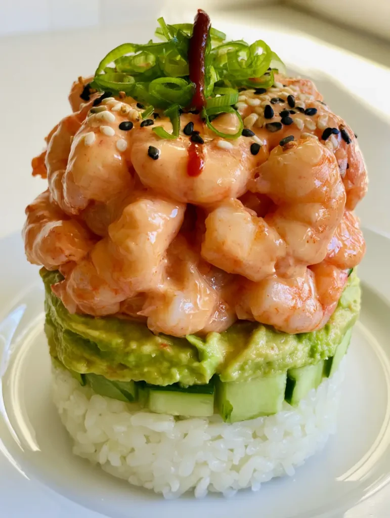 Symmetrical Spicy Shrimp Sushi Stacks garnished with sesame seeds and sriracha drizzle on a kitchen counter.