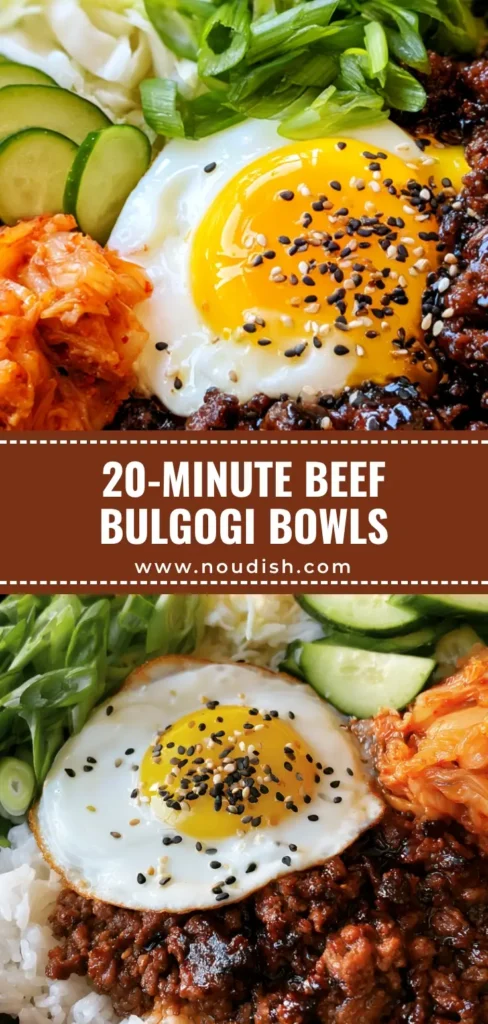 A close-up vertical shot of Ground Beef Bulgogi Bowls featuring glossy beef crumbles, a runny sunny-side-up egg, and fresh kimchi over jasmine rice.