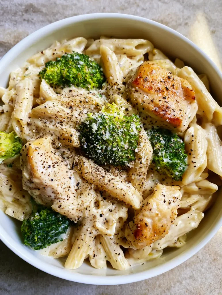 Slightly angled view of pan-seared chicken and broccoli florets nestled in creamy penne pasta.