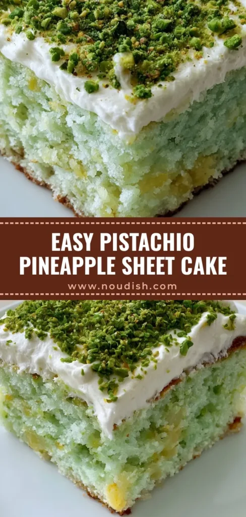 Pistachio Pineapple Cake: The Ultimate Moist & Fluffy Summer Dessert 3 A rectangular slice of Pistachio Pineapple Cake with a mint-green sponge and thick whipped cream topped with crushed pistachios.