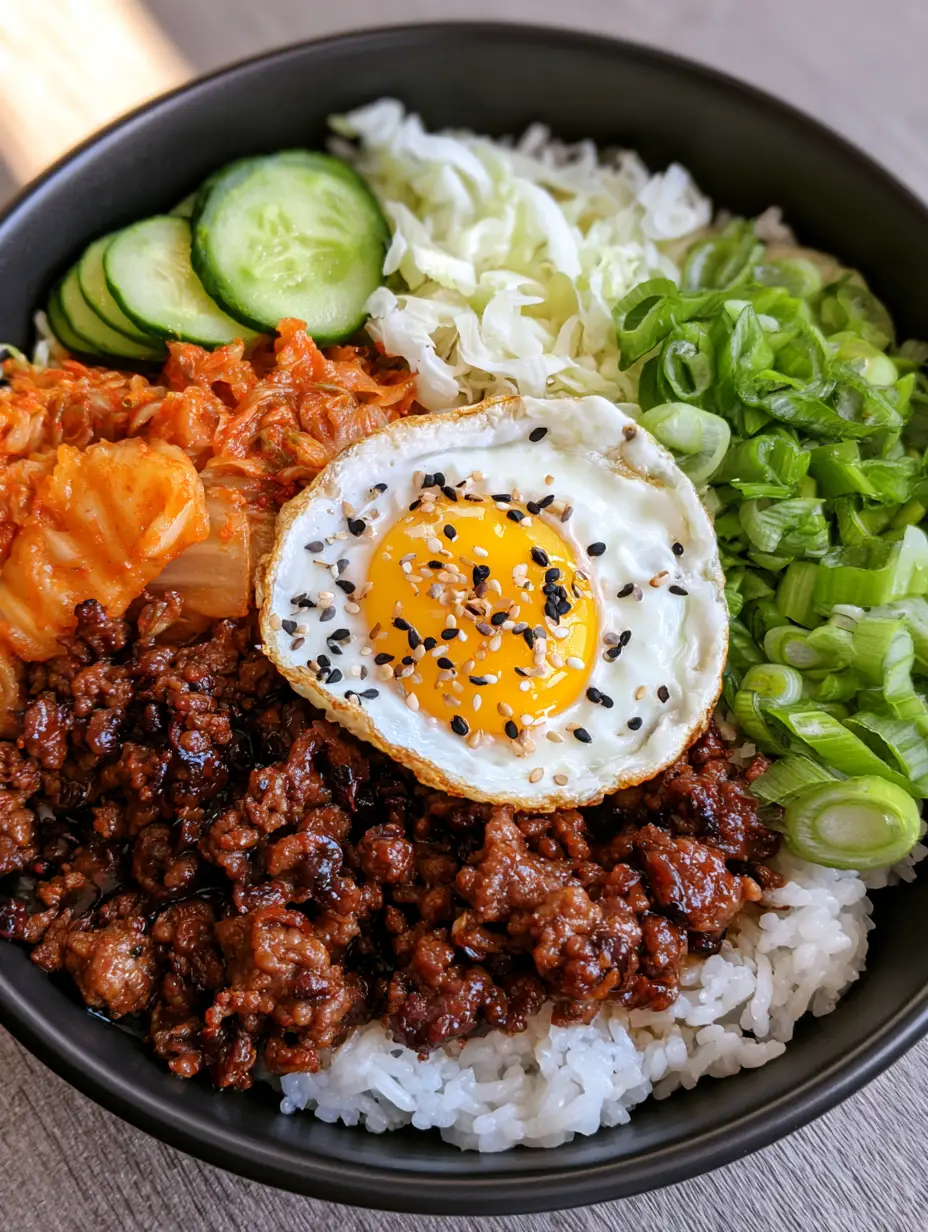 Top-down view of a Korean Ground Beef Bulgogi Bowl in a matte black bowl with distinct sections of beef, kimchi, cabbage, and a runny egg yolk.