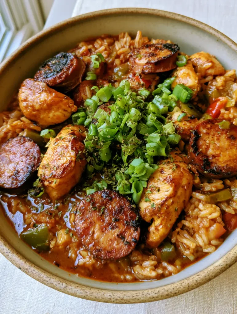 Chicken and Sausage Jambalaya: The Ultimate One-Pot Creole Comfort Classic 2 Top-down photo of Chicken and Sausage Jambalaya featuring reddish-brown rice, golden chicken, and charred andouille sausage.