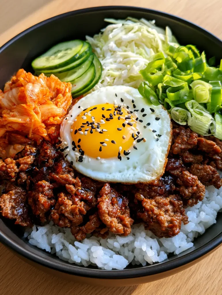 Detailed shot of caramelized ground beef with glossy soy glaze and black sesame seeds in a bulgogi bowl.