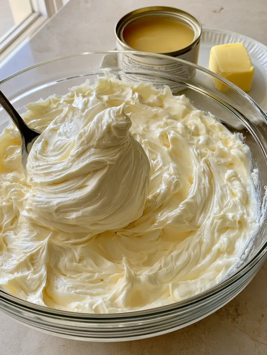 Thick glossy Russian buttercream in a clear glass bowl with deep silky swirls on a stone countertop.