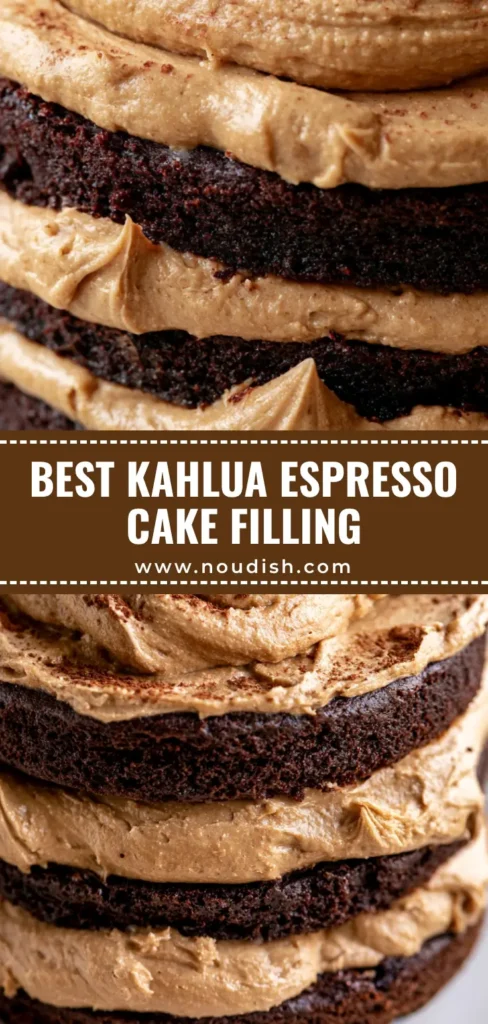 A close-up of a three-layer chocolate cake with thick Kahlua Buttercream, dusted with cocoa and topped with espresso beans. (Kahlua Buttercream Recipe)