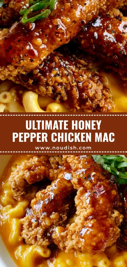 A close-up of Honey Pepper Chicken Mac and Cheese featuring crispy chicken strips with a glossy honey glaze over creamy orange macaroni.