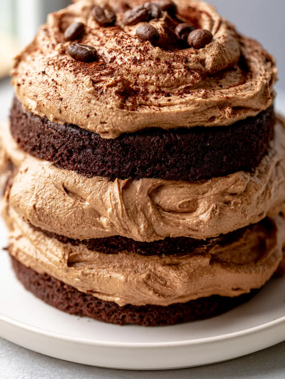 High-angle shot of dense mocha-colored frosting with silky peaks on a chocolate cake. (Kahlua Buttercream Recipe)
