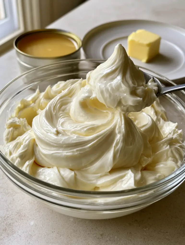 A dollop of smooth ivory Russian buttercream being lifted by a metal spoon beside a tin of condensed milk.