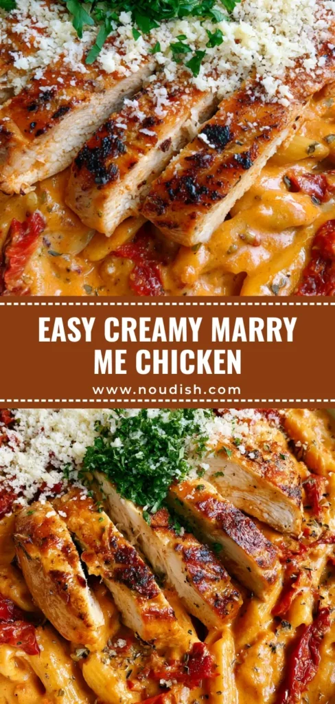 A top-down view of Marry Me Chicken Pasta featuring penne in orange cream sauce with charred chicken slices and parmesan cheese.