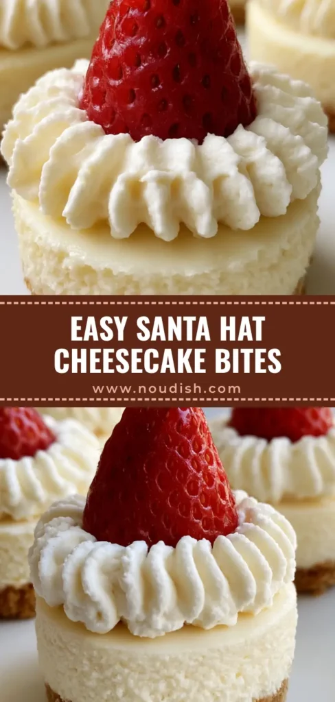 Santa Hat Cheesecake Bites: The Ultimate Festive Holiday Dessert 3 Handheld photo of Santa Hat Cheesecake Bites featuring mini cheesecakes topped with fresh strawberries and piped whipped cream on a white platter.